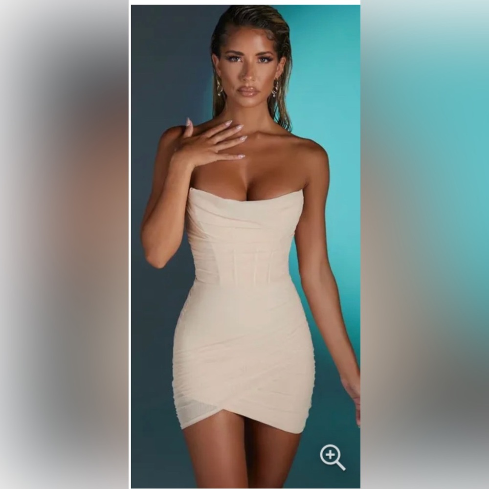 Oh Polly NWT Côte d'Ivoire Corset Mesh Bandeau Wrap Bodycon Mini Dress in Sand